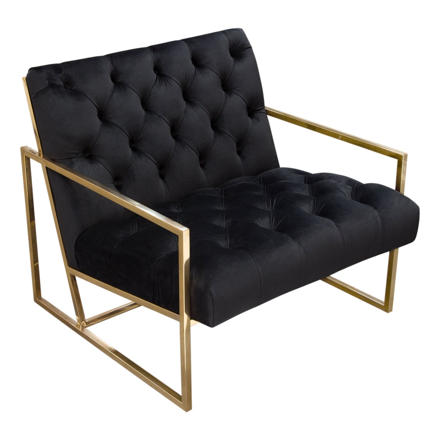 Luxe Accent Chair in Black Tufted Velvet Fabric with Polished Gold Stainless Steel Frame by Diamond Sofa
