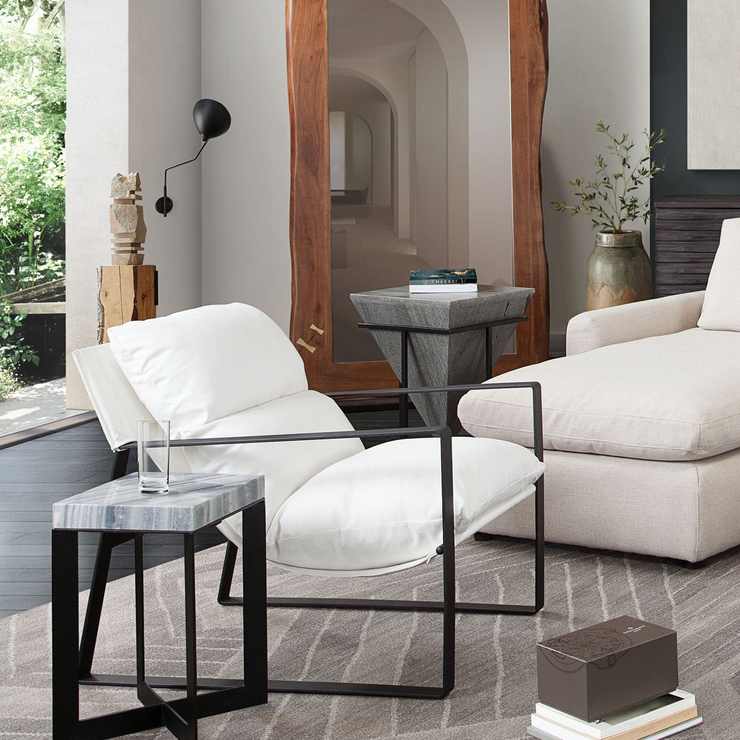 Miller Sling Accent Chair in White Linen Fabric w/ Black Powder Coated Metal Frame by Diamond Sofa