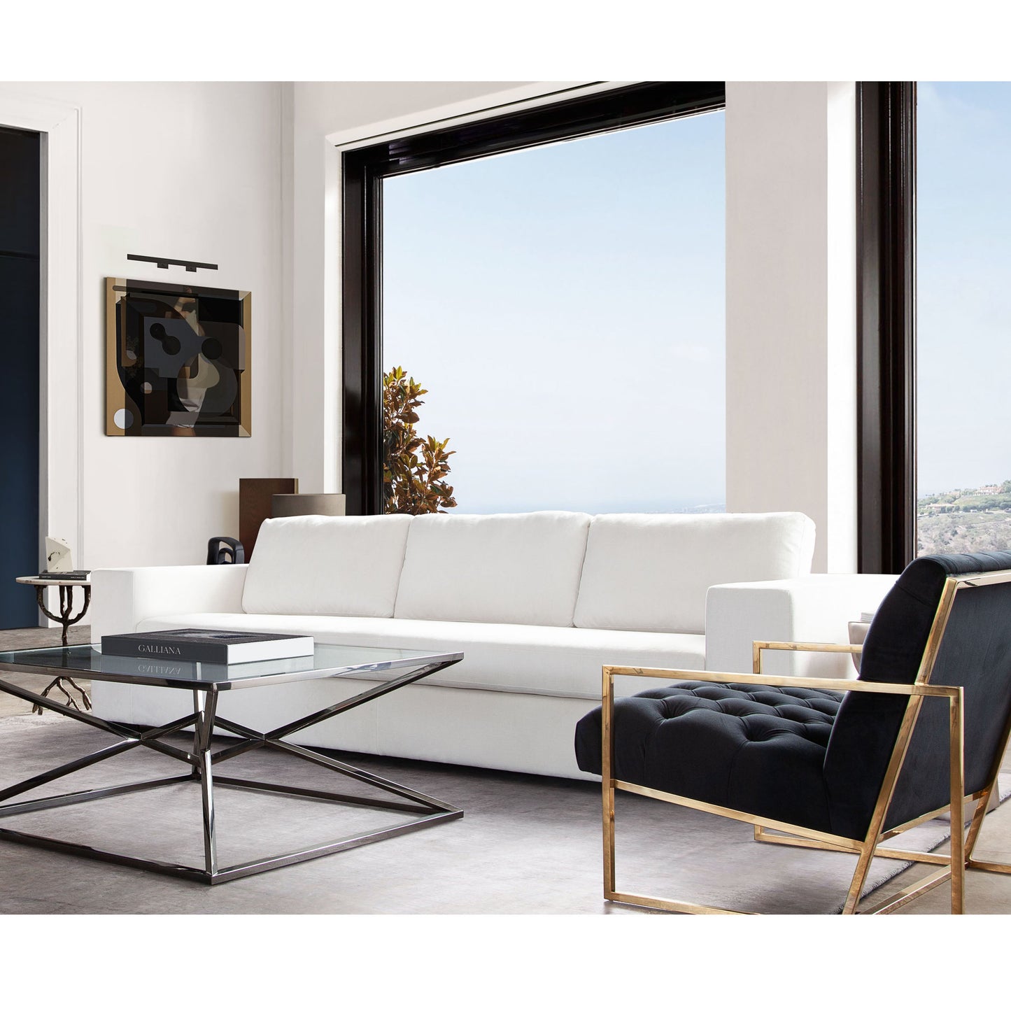Muse Sofa in Mist White Performance Fabric w/ (4) Black Accent Pillows by Diamond Sofa