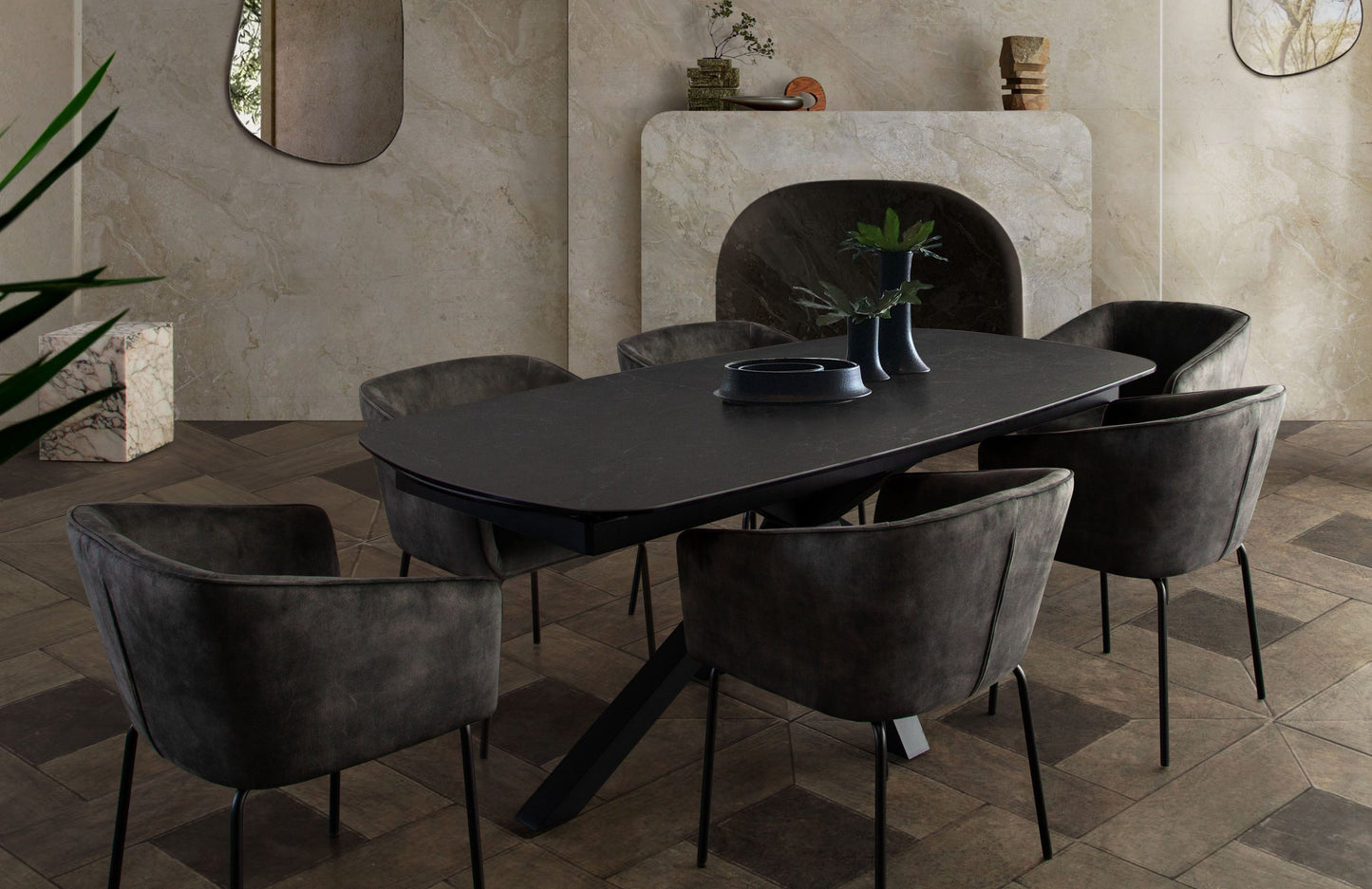 Onyx Rectangle Extension Dining Table w/ Black Ceramic Glass Top & Black Metal Leg by Diamond Sofa