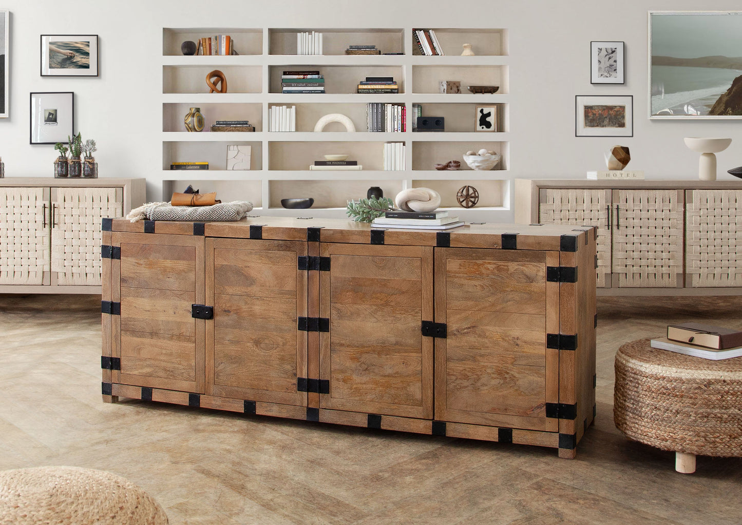 Oxford Solid Mango Wood 4-Door Sideboard in Oak Finish w/ Black Metal Bracket by Diamond Sofa