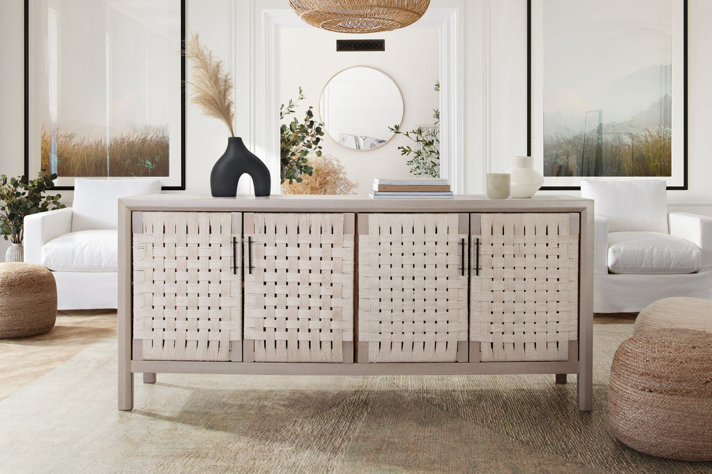 Palm Solid Mango Wood 4-Door Sideboard in Natural Finish w/ Woven Rope Door Fronts by Diamond Sofa