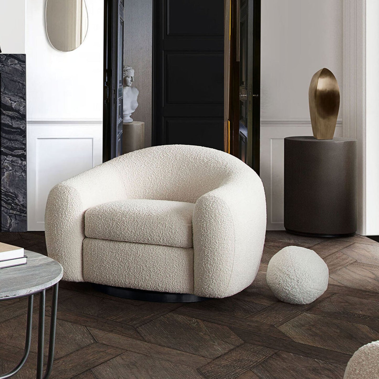 Pascal Swivel Chair in Bone Boucle Textured Fabric w/ Contoured Arms & Back by Diamond Sofa