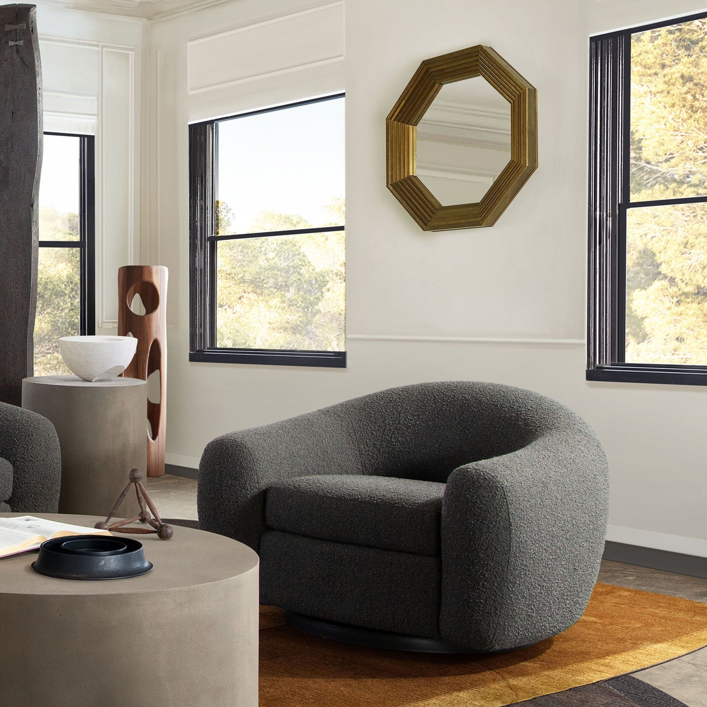 Pascal Swivel Chair in Charcoal Boucle Textured Fabric w/ Contoured Arms & Back by Diamond Sofa