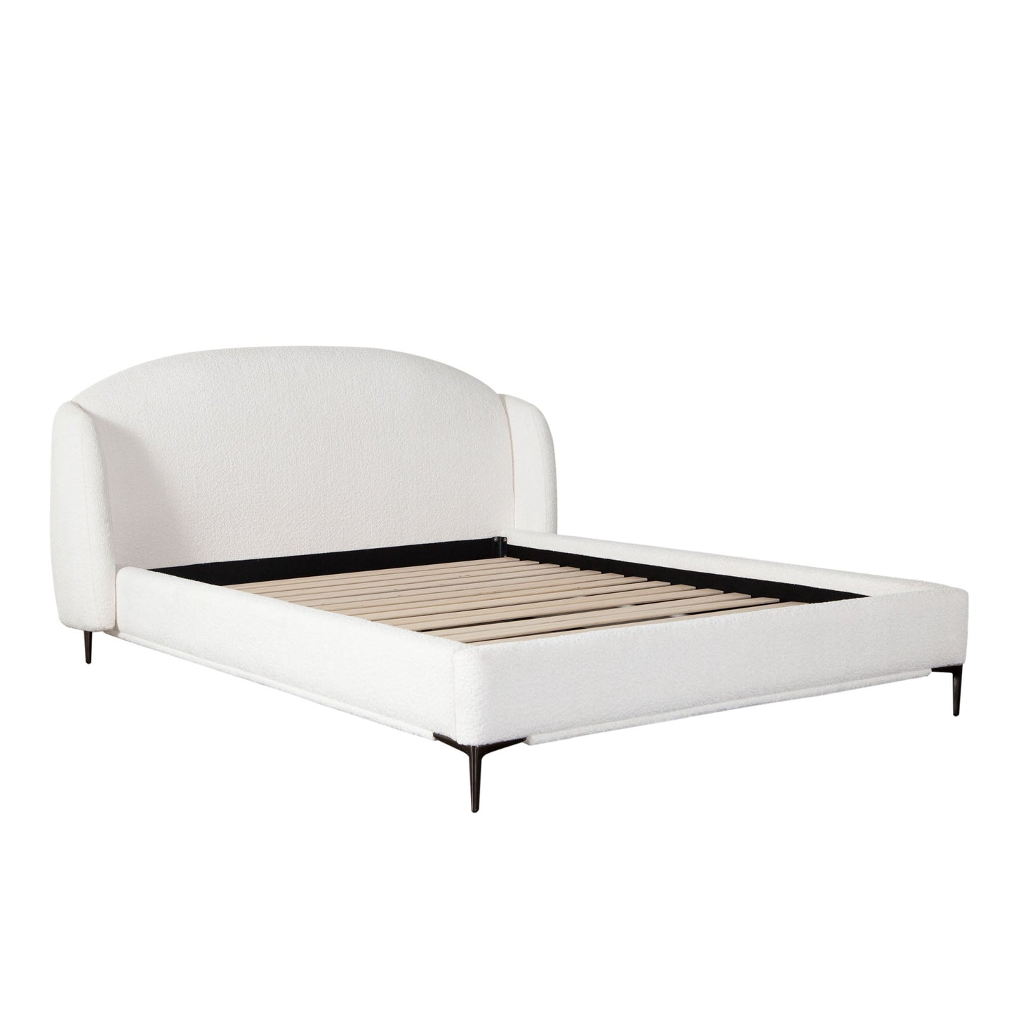 Path Low Profile Eastern King Bed in Oslo Ivory Fabric w/ Contoured Headboard and Black Metal Leg by Diamond Sofa