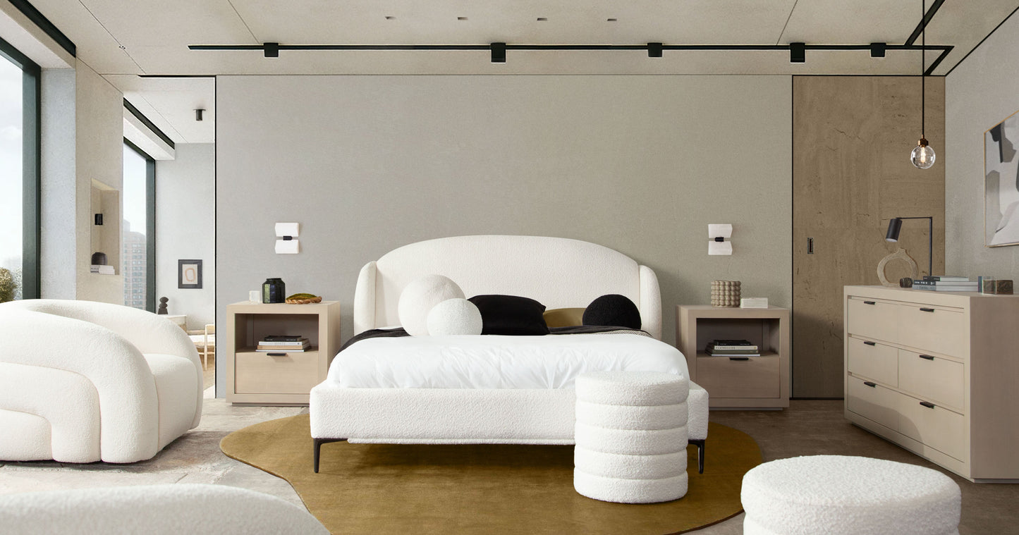 Path Low Profile Eastern King Bed in Oslo Ivory Fabric w/ Contoured Headboard and Black Metal Leg by Diamond Sofa