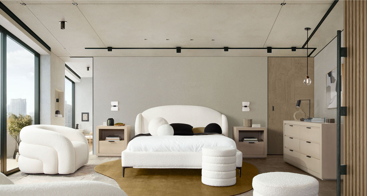 Path Low Profile Eastern King Bed in Oslo Ivory Fabric w/ Contoured Headboard and Black Metal Leg by Diamond Sofa