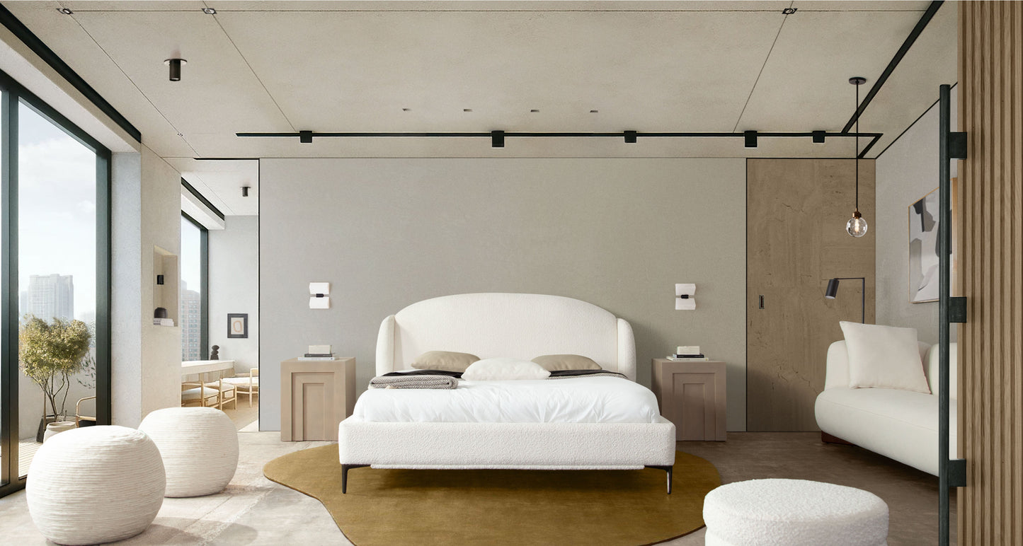 Path Low Profile Eastern King Bed in Oslo Ivory Fabric w/ Contoured Headboard and Black Metal Leg by Diamond Sofa