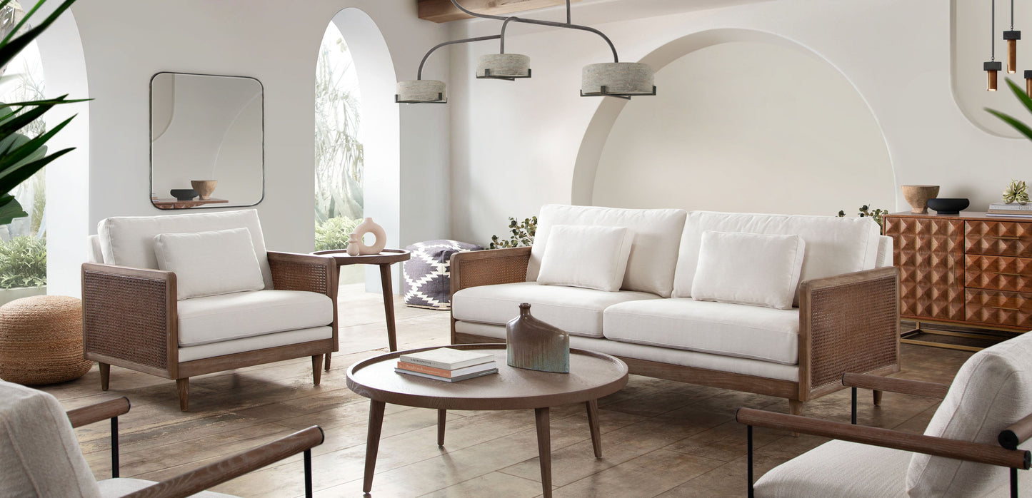 Piper Sofa in White Linen Fabric w/ Natural Rattan by Diamond Sofa