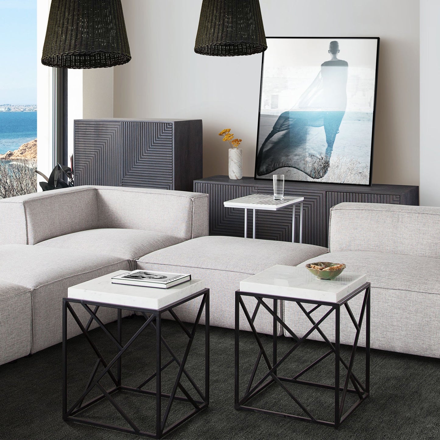 Plymouth Square Accent Table w/ Genuine Grey Marble Top & Black Metal Base by Diamond Sofa