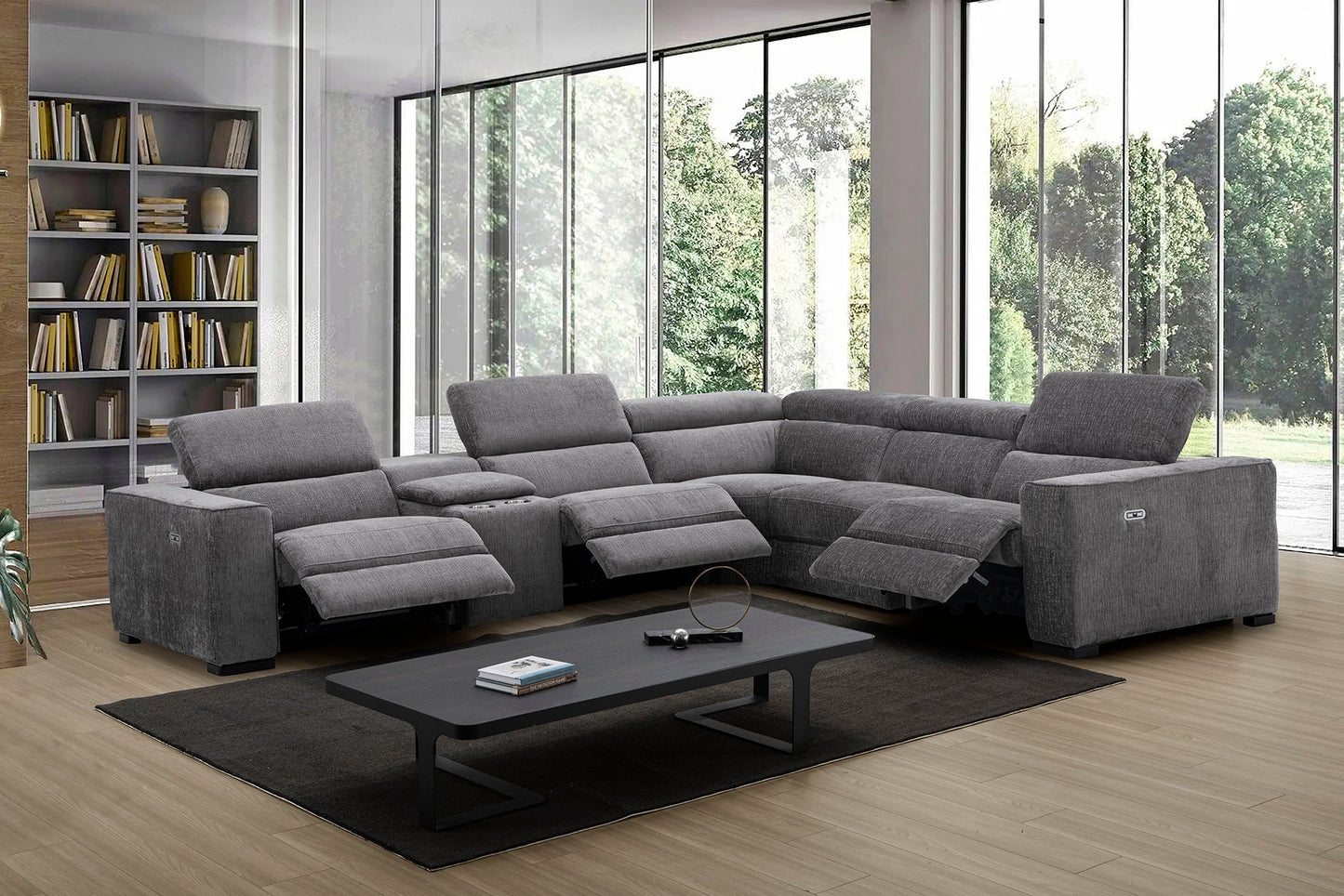 J&M Furniture Picasso Motion Fabric Sectional in Dark Grey