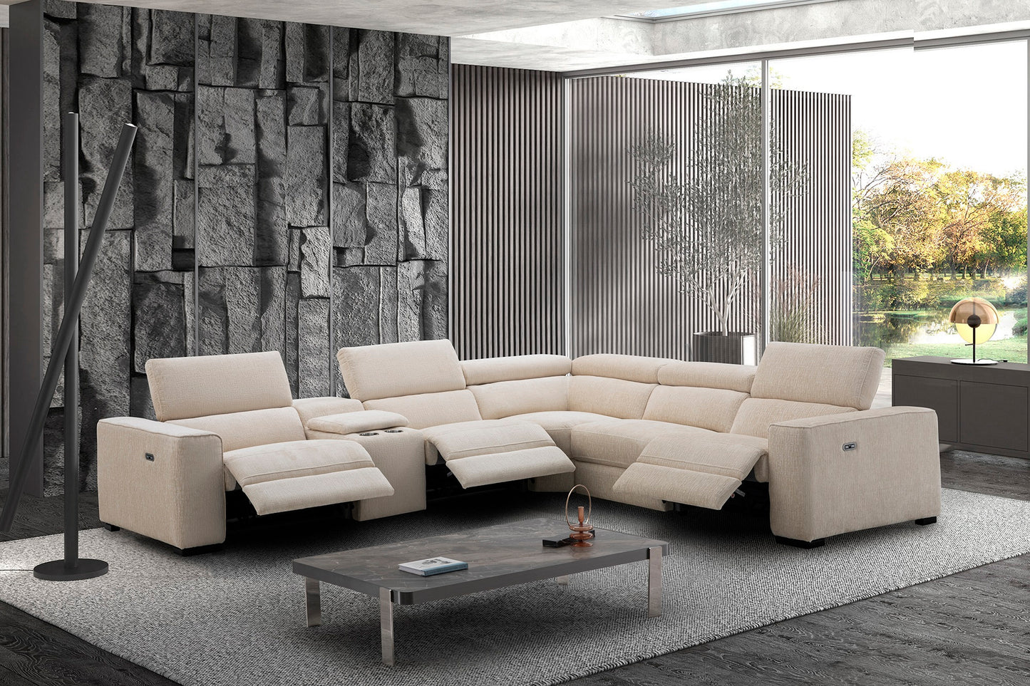 J&M Furniture Picasso Motion Fabric Sectional in Sand