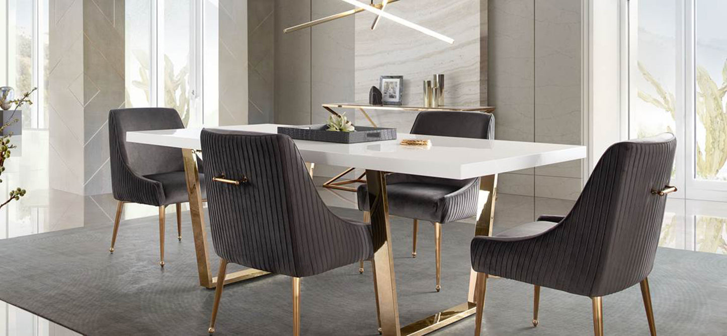 Set of (2) Quinn Dining Chairs w/ Vertical Outside Pleat Detail and Contoured Arm in Grey Velvet w/ Brushed Gold Metal Leg by Diamond Sofa