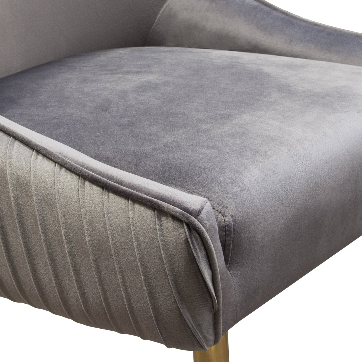 Set of (2) Quinn Dining Chairs w/ Vertical Outside Pleat Detail and Contoured Arm in Grey Velvet w/ Brushed Gold Metal Leg by Diamond Sofa