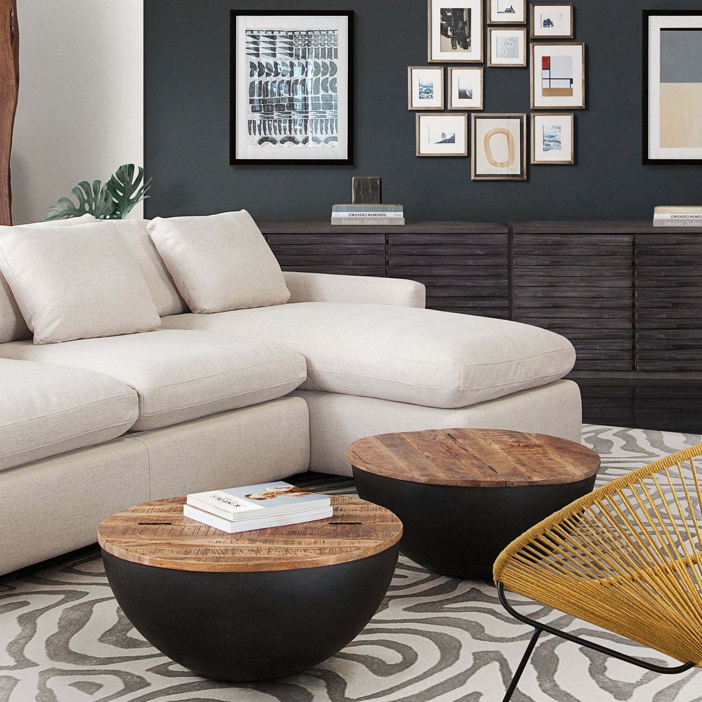 Salem Round Drum Storage Cocktail Table w/ Natural Mango Wood Top & Metal Base by Diamond Sofa