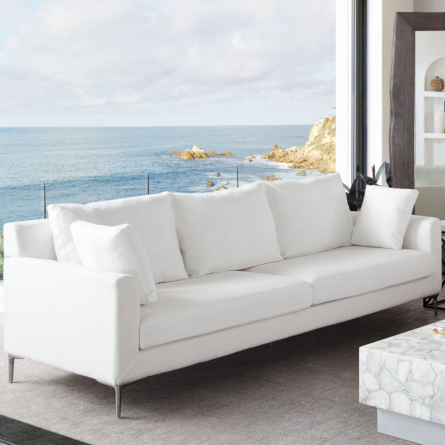 Seattle Loose Back Sofa in White Linen w/ Polished Silver Metal Leg by Diamond Sofa