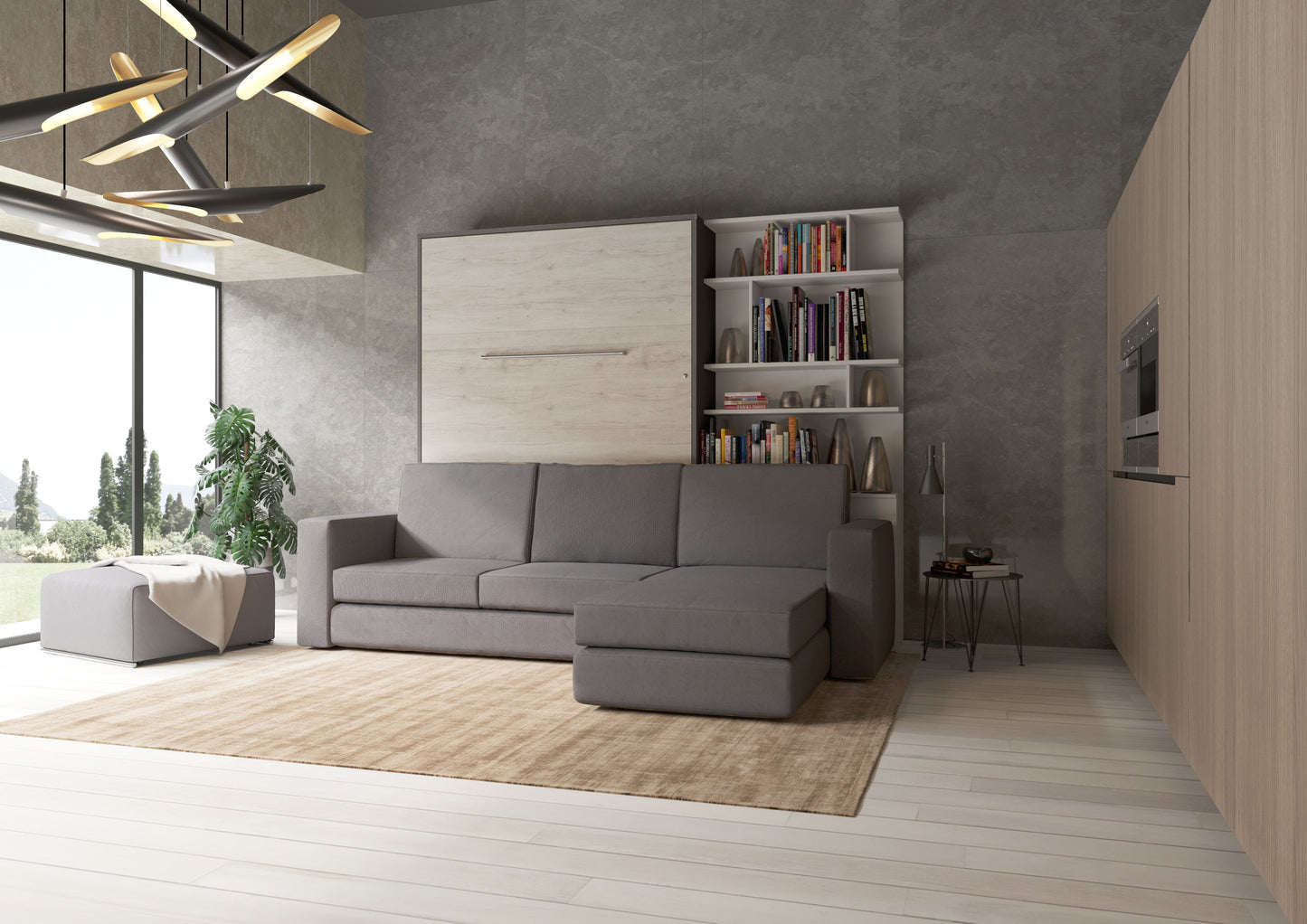Maxima House Murphy Bed Full XL Vertical with a Sectional Sofa and a Bookcase Invento