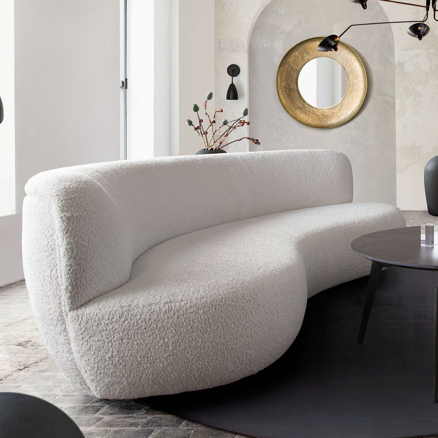 Simone Curved Sofa in White Faux Sheepskin Fabric by Diamond Sofa