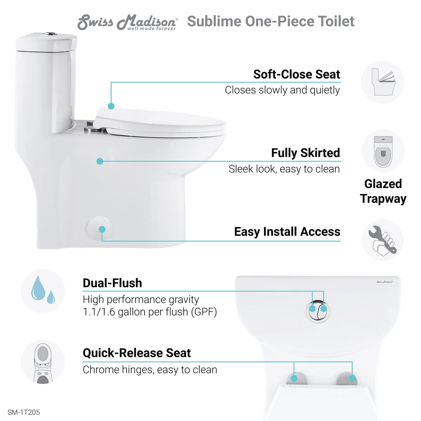 Swiss Madison Sublime One Piece Elongated Toilet Dual Flush, Rose Gold Hardware 1.1/1.6 gpf