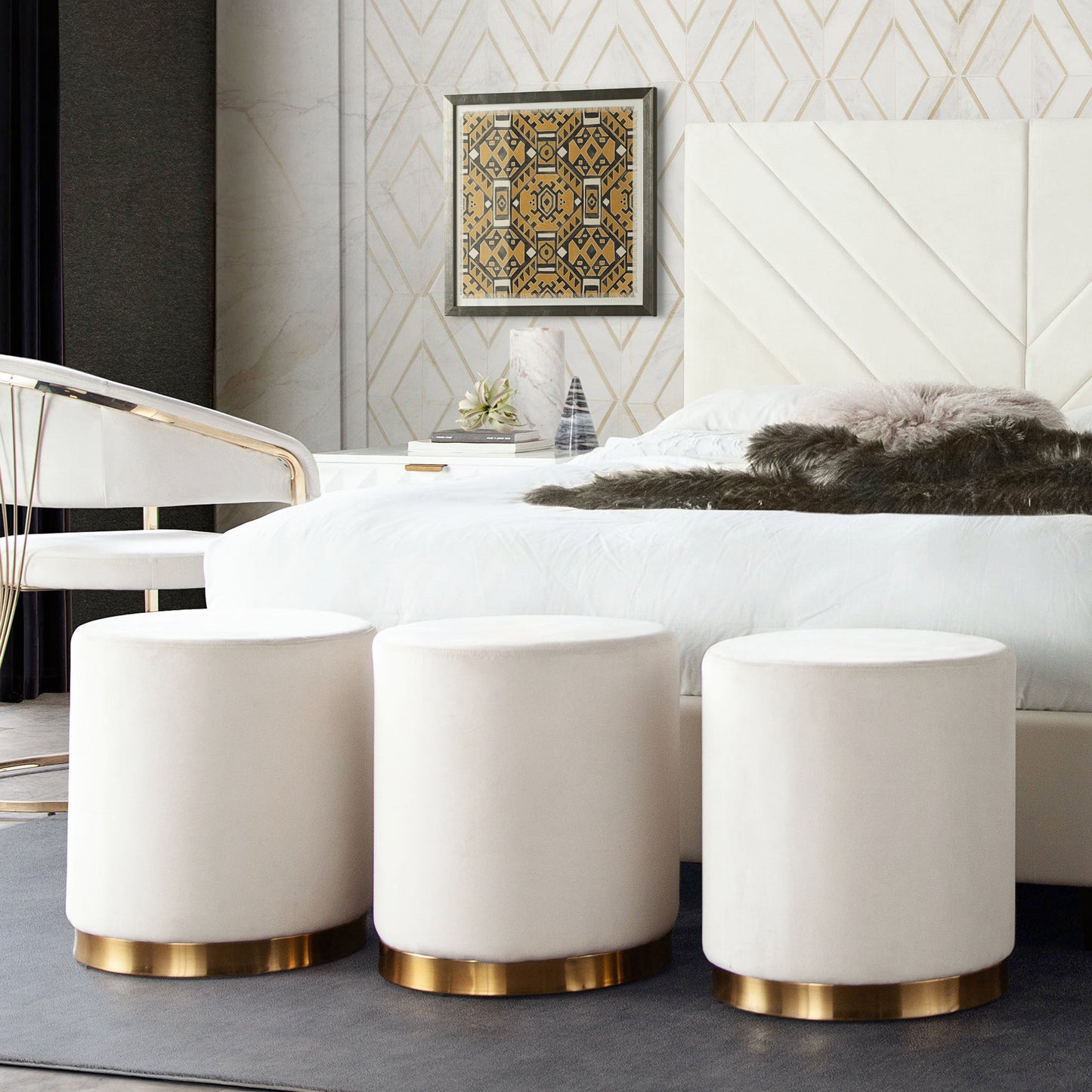 Sorbet Round Accent Ottoman in Cream Velvet w/ Gold Metal Band Accent by Diamond Sofa