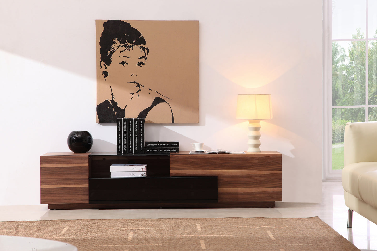 J&M Furniture TV Stand 015 in Walnut & Black High Gloss