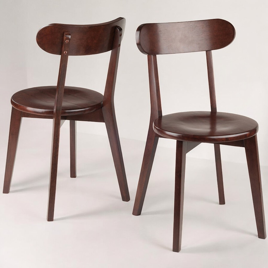 Set of two vintage-style walnut wood dining chairs with flared legs and a rich walnut finish, perfect for dining or game rooms.