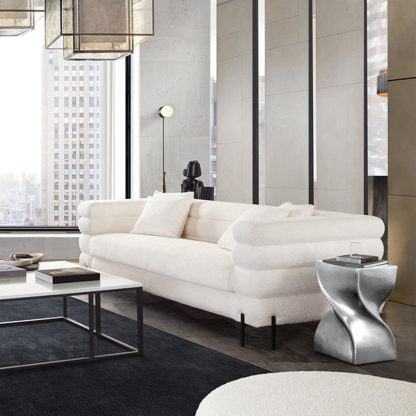 Vox Sofa in Faux White Shearling w/ Black Powder Metal Legs by Diamond Sofa