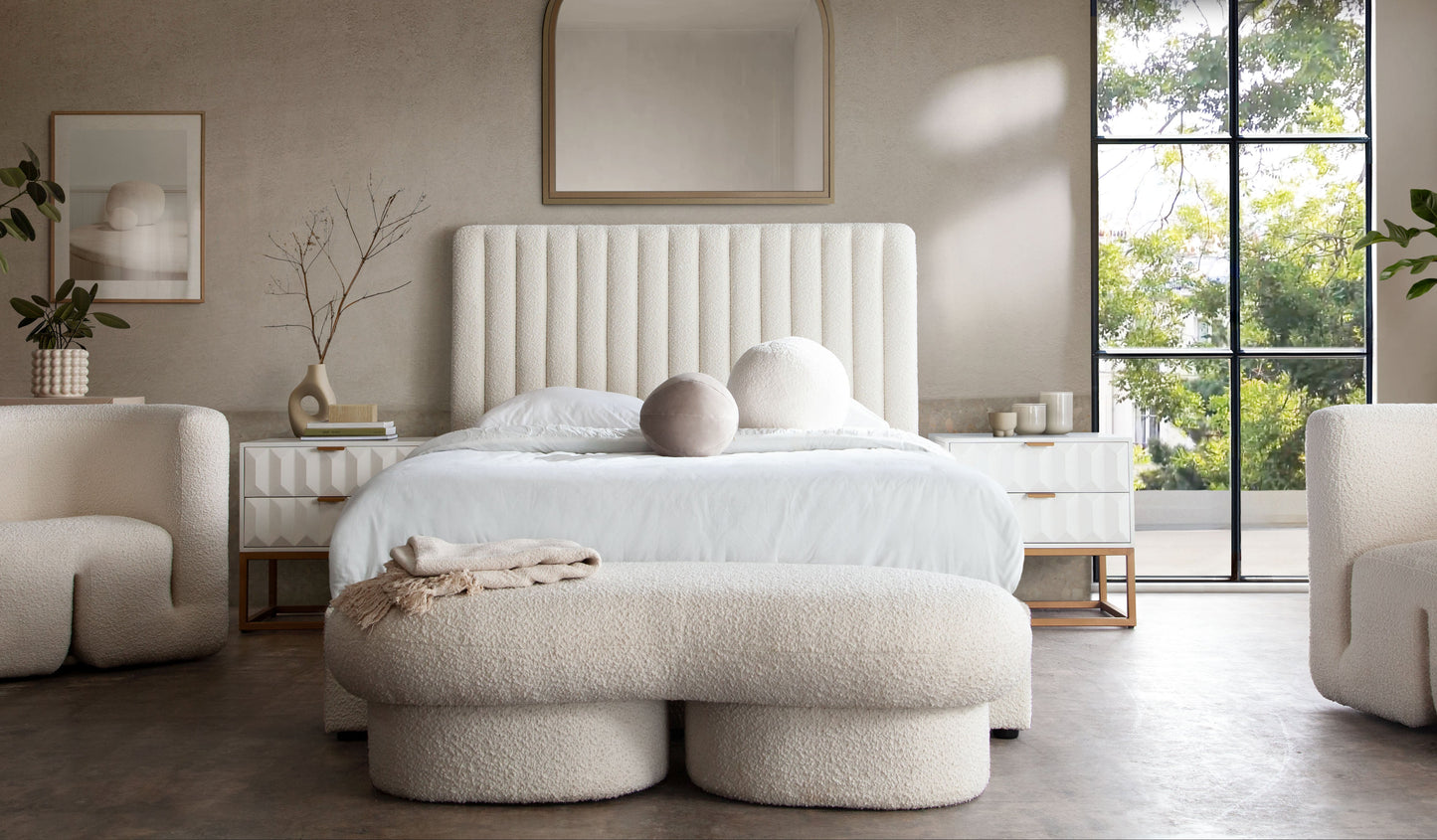 Wave Curved Accent Bench in Ivory Boucle Fabric by Diamond Sofa