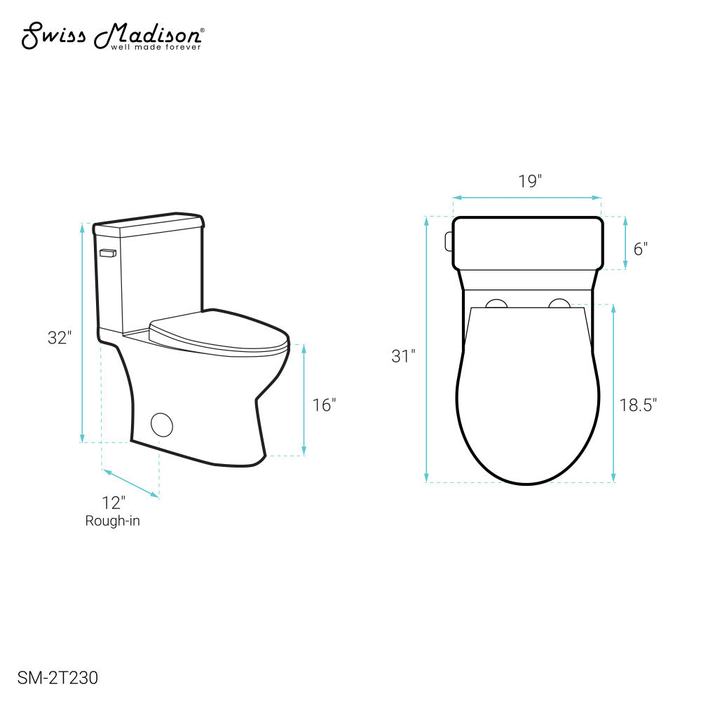 Swiss Madison Cache Two-Piece Elongated Toilet Left Side Flush Handle Toilet 1.28 gpf