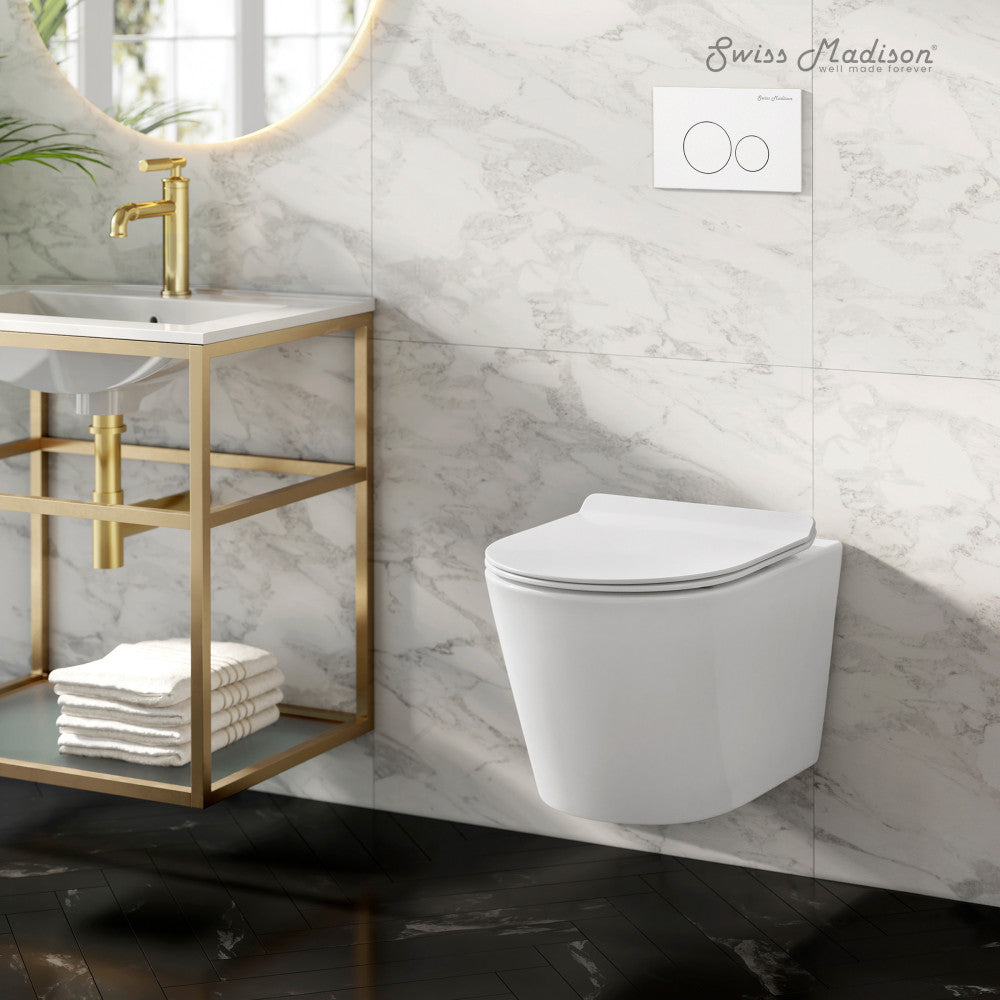 Swiss Madison Calice Wall-Hung Toilet Bundle 0.8/1.6 GPF Dual Flush in Glossy White with White Flush Plate