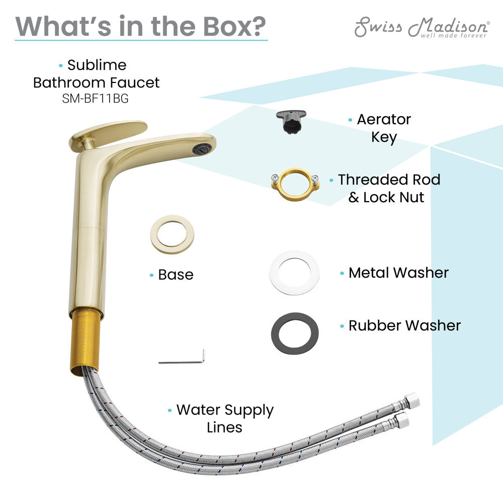 Swiss Madison Sublime Single Hole, Single-Handle, High Arc Bathroom Faucet in Brushed Gold