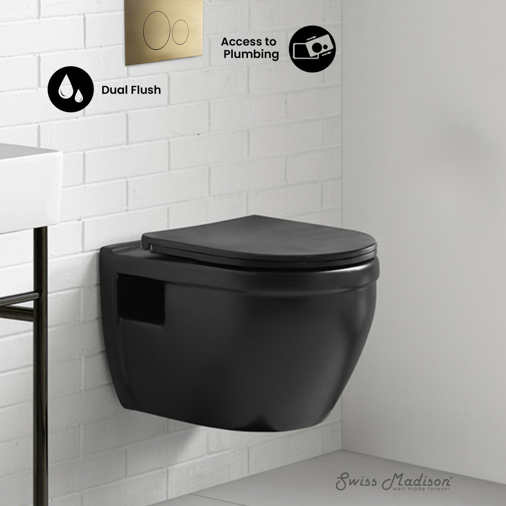 Swiss Madison Ivy Wall-Hung Toilet Bundle 0.8/1.6 GPF Dual Flush in Matte Black with Brass Flush Plate