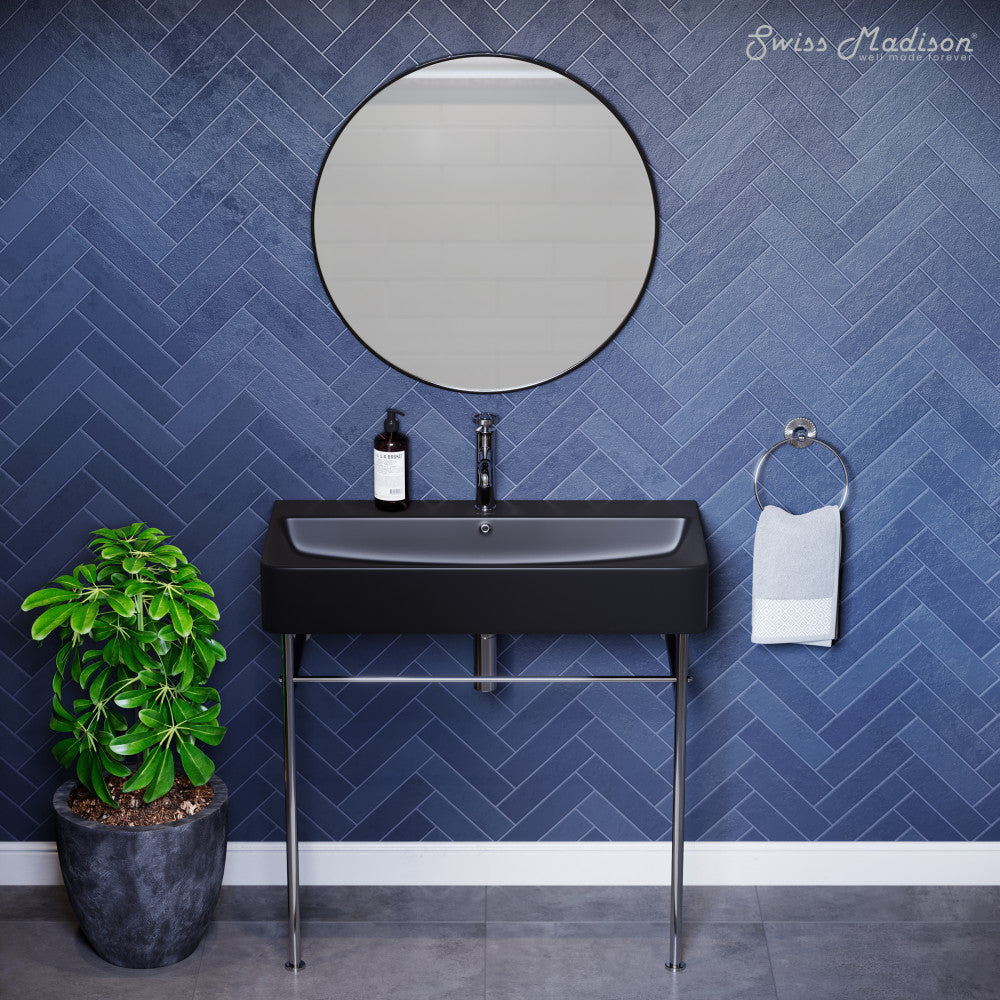 Swiss Madison Carre 36 Ceramic Console Sink Matte Black Basin Chrome Legs