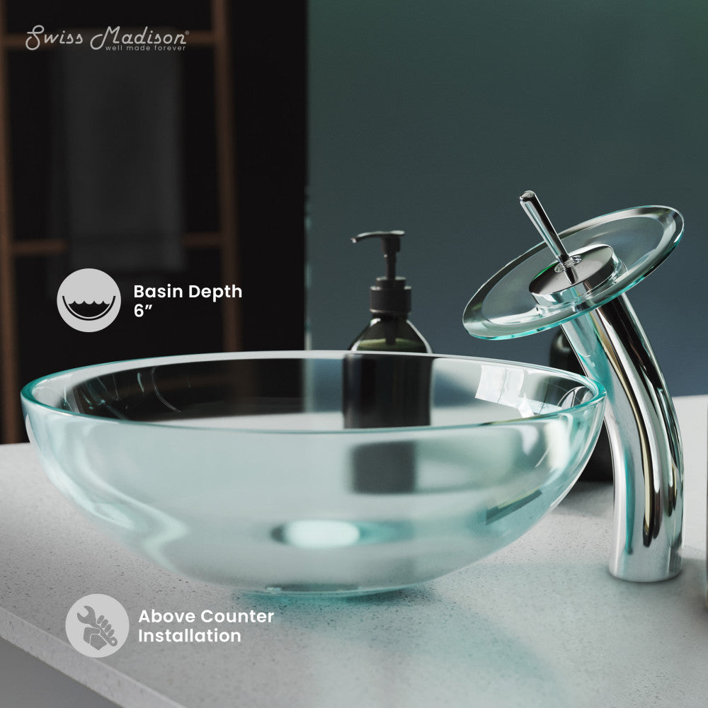 Swiss Madison Cascade 16.5 Glass Vessel Sink with Faucet, Clear
