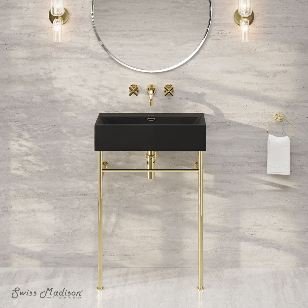 Swiss Madison Claire 24" Rectangle Matte Black Zero Hole Console Sink with Glossy Gold Legs
