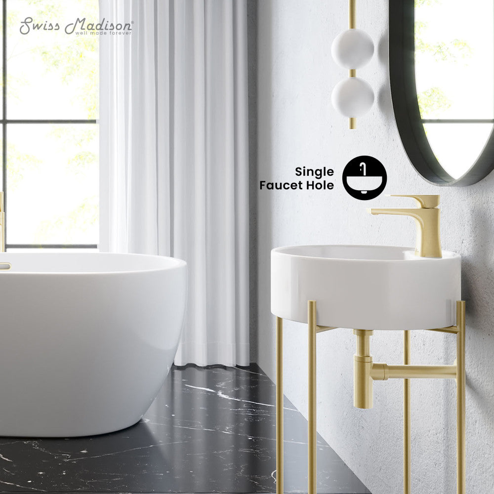 Swiss Madison Monaco 16" Round Console Sink with Faucet Mount, White Basin Brushed Gold Legs