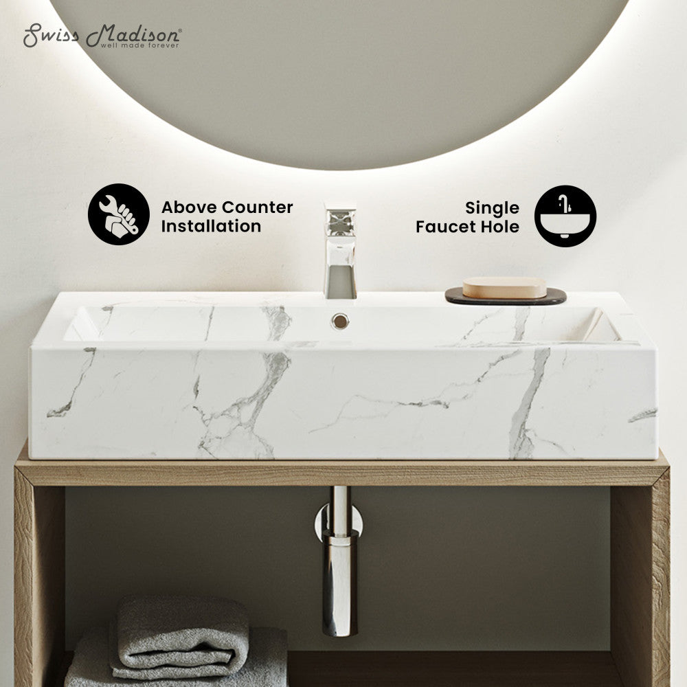 Swiss Madison Voltaire Wide Rectangle Vessel Sink in White Marble