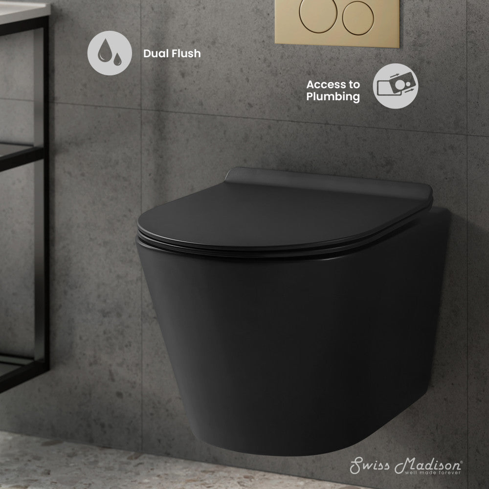 Swiss Madison Calice Wall-Hung Toilet Bundle 0.8/1.6 GPF Dual Flush in Matte Black with Brass Flush Plate