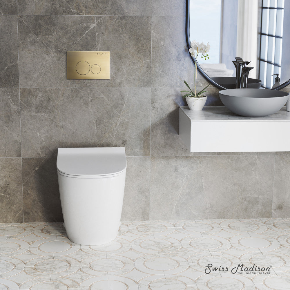 Swiss Madison St. Tropez Back-to-Wall Toilet Bundle 0.8/1.6 GPF Dual Flush in Glossy White with Brass Flush Plate