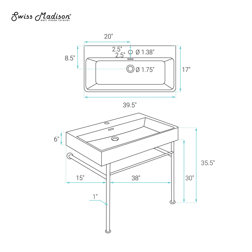 Swiss Madison Claire 40 Ceramic Console Sink White Basin Chrome Legs