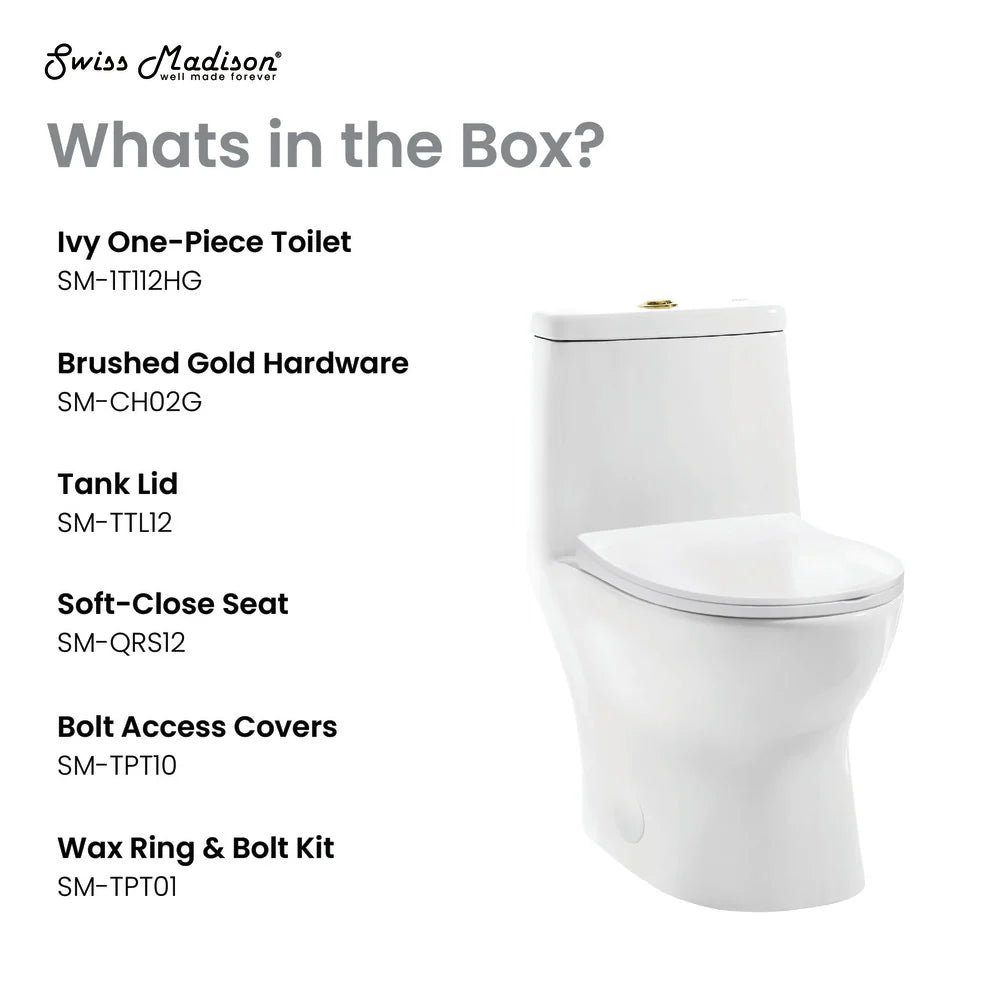 Swiss Madison Ivy One Piece Toilet Dual Vortex™ Flush, Brushed Gold Hardware 1.1/1.6 gpf