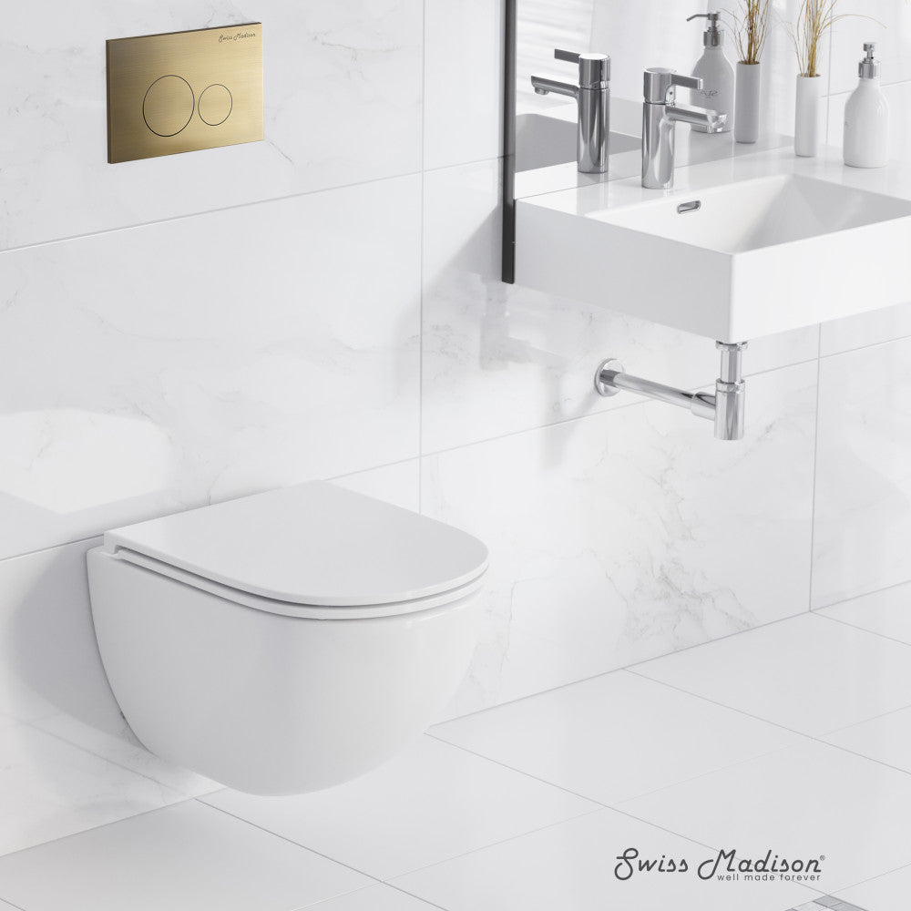 Swiss Madison St. Tropez Wall-Hung Toilet Bundle 0.8/1.6 GPF Dual Flush in Glossy White with Brass Flush Plate