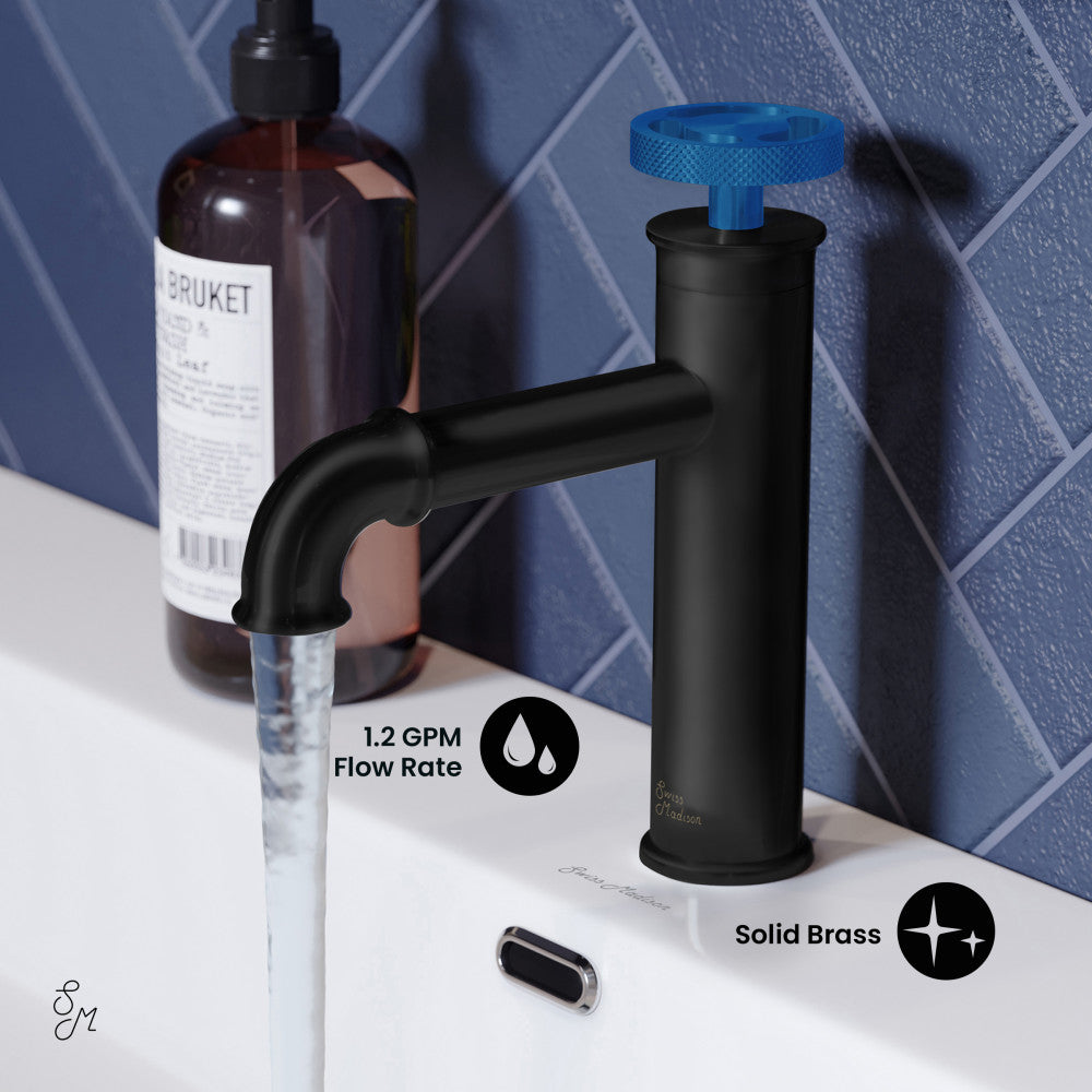 Swiss Madison Avallon Single Hole, Single-Handle Wheel, Bathroom Faucet in Matte Black with Blue Handle