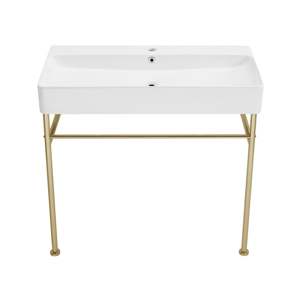 Swiss Madison Carre 36 Ceramic Console Sink White Basin Gold Legs