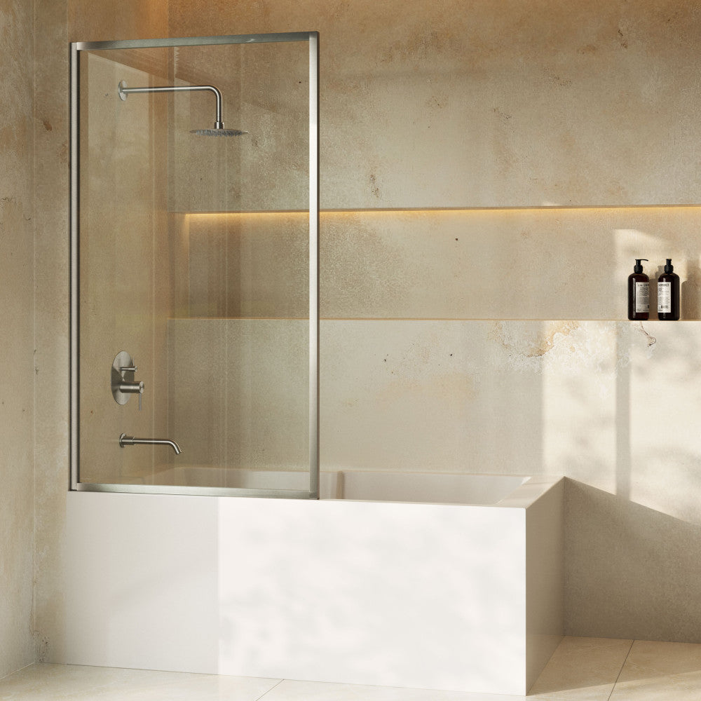 Swiss Madison Pierre 34 x 58 Framed Fixed 3/8 in. (10mm) Clear Tempered Glass Tub Door with Nickel Brushed Frame