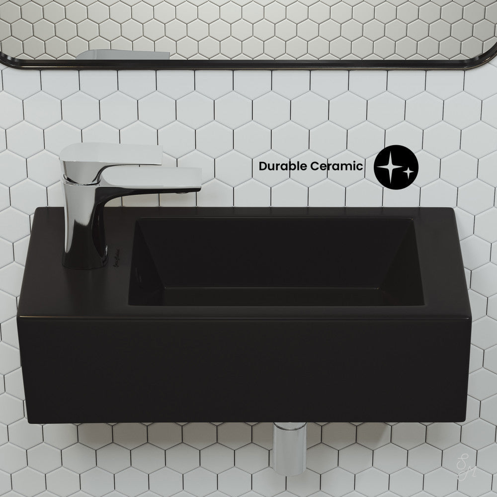 Swiss Madison Voltaire 19.5 x 10 Rectangular Ceramic Wall Hung Sink with Left Side Faucet Mount, Matte Black