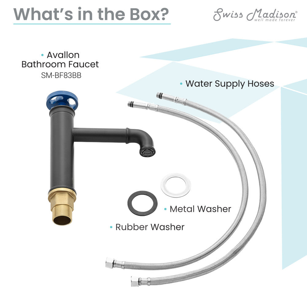 Swiss Madison Avallon Single Hole, Single-Handle Wheel, Bathroom Faucet in Matte Black with Blue Handle