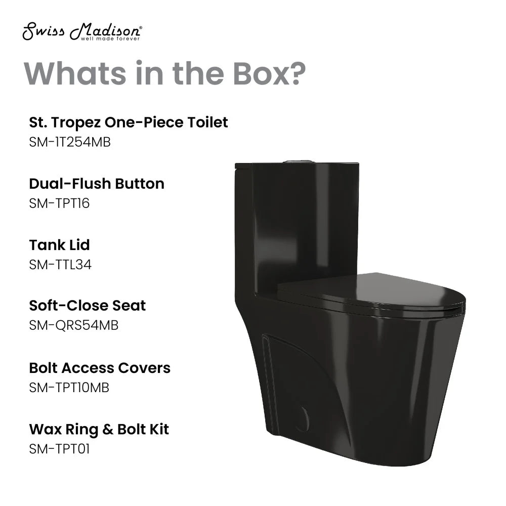 Swiss Madison St. Tropez One Piece Elongated Toilet Vortex™ Flush in Glossy Black 1.1/1.6 gpf