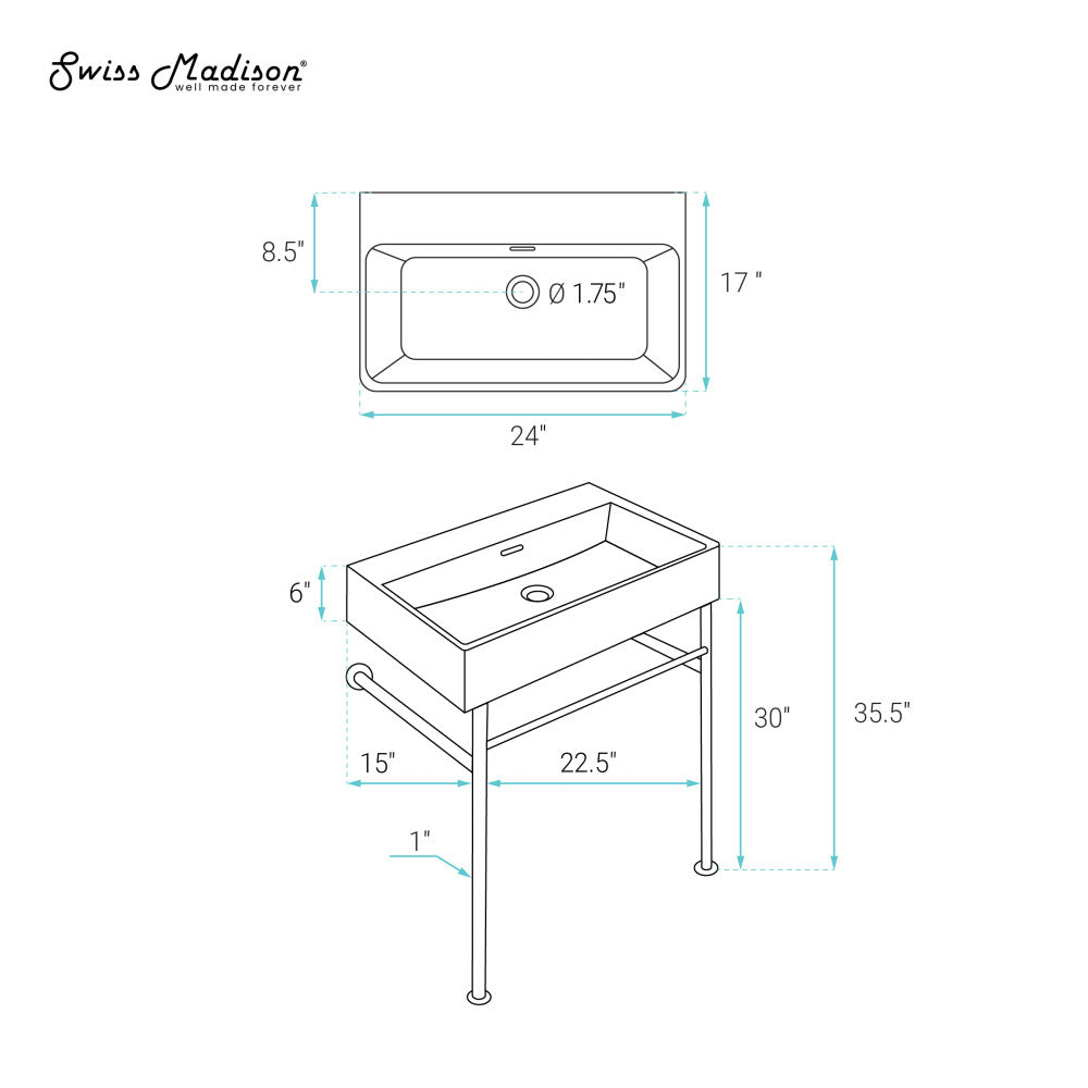 Swiss Madison Claire 24" Rectangle Matte Black Zero Hole Console Sink with Matte White Legs