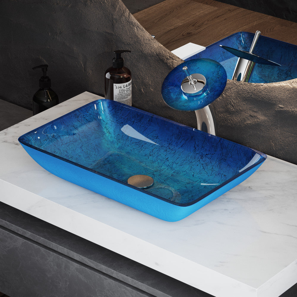 Swiss Madison Cascade Rectangular Glass Vessel Sink with Faucet, Ocean Blue